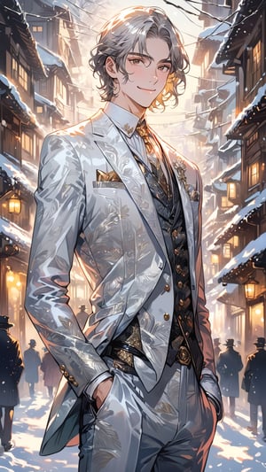 64K ultra-clear, ultra-high definition, ultra-high level, ultra-high quality, soft colors, true light and shadow, rich colors, Japanese photo animation, impressionist style, clear facial features, detailed appearance, handsome, 1 person, 18-year-old male, transparent watercolor, gold and silver powder rendering effect, white textured suit suit, seven figures, tilted perspective, smiling and enjoying the natural breeze, snow scene , delicate and beautiful, the early morning sunlight, the light and shadow are delicately shining on him, and the depth of field is blurred.