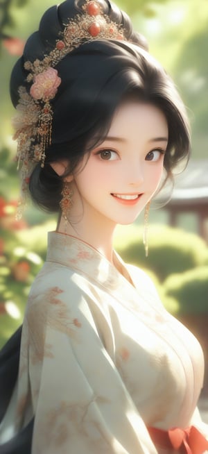 64K ultra-clear, ultra-high definition, ultra-high level, ultra-high quality, soft colors, true light and shadow, rich colors, 1 girl, black hair, Chinese girl, facing the audience, smiling, gorgeous Hanfu, ancient Chinese concubine's clothing, gorgeous headdress, half body, the background is a garden, delicate light and shadow, exquisite details, delicate brushwork and elegant composition, Depth of field blur.