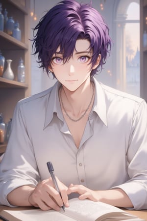 1man, real photo, Japanese manga style, purple-haired male, black eyelashes, long eyelashes, violet eyes, detailed hair, short hair, mature and handsome face, giving him a natural leader's temperament, giving people a quiet feeling A meditative feeling. He looks directly at the viewer, sitting on a table with a book, his violet eyes twinkling with subtlety. A white shirt flatters your figure.