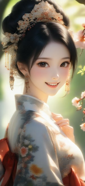 64K ultra-clear, ultra-high definition, ultra-high level, ultra-high quality, soft colors, true light and shadow, rich colors, 1 girl, black hair, Chinese girl, facing the audience, smiling, gorgeous and detailed ancient Chinese concubine costumes, gorgeous headdress, Chinese style step (hairpin), half body, background is a garden, delicate light and shadow, exquisite details, delicate brushstrokes With elegant composition and blurred depth of field.