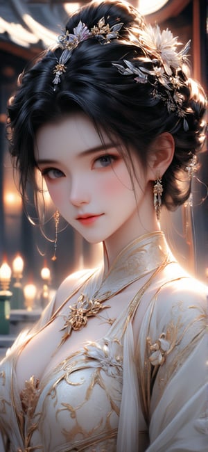 64K ultra-clear, ultra-high definition, ultra-high level, ultra-high quality, soft colors, true light and shadow, rich colors, 1 girl, black hair, Chinese girl, smile, gorgeous Hanfu, costumes of ancient Chinese concubines, gorgeous headdress, half body, background is a garden, delicate light and shadow, exquisite details, delicate brushwork and elegant composition, depth of field blur .