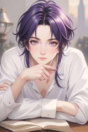 1man, real photo, Japanese manga style, purple-haired male, black eyelashes, long eyelashes, violet eyes, detailed hair, mature and handsome face. He looks directly at the viewer, sitting on a table with a book, his violet eyes twinkling with subtlety. He has a natural leadership temperament and gives people a feeling of quiet contemplation. White shirt.