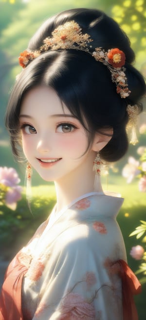 64K ultra-clear, ultra-high definition, ultra-high level, ultra-high quality, soft colors, true light and shadow, rich colors, 1 girl, black hair, Chinese girl, facing the audience, smiling, gorgeous Hanfu, ancient Chinese concubine's clothing, gorgeous headdress, half body, the background is a garden, delicate light and shadow, exquisite details, delicate brushwork and elegant composition, Depth of field blur.