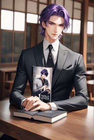 1man, real photo, Japanese manga style, purple-haired male, black eyelashes, long eyelashes, violet eyes, detailed hair, short hair, mature and handsome face, giving him a natural leader's temperament, giving people a quiet feeling A meditative feeling. He looks directly at the viewer, sitting on a table with a book, his violet eyes twinkling with subtlety.,score_9, score_8_up, score_7_up,