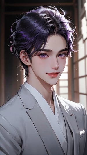 64K ultra-clear, ultra-high definition, ultra-high level, ultra-high quality, soft colors, true light and shadow, rich colors, 1man, real photo, Japanese cartoon style, purple-haired man, black eyelashes, long eyelashes, violet eyes, fine hair, short hair, mature and handsome face, giving him a natural leadership temperament, obvious facial features, delicate appearance, handsome, white Wearing a high-quality suit, three-quarter figure, smiling and enjoying the natural breeze, gorgeous European hall, delicate and beautiful, delicate light and shadow shine on him, 5-point perspective, blurred depth of field.