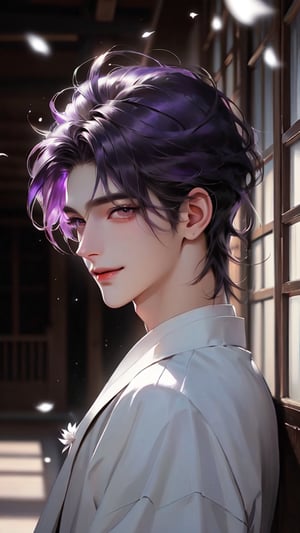 64K ultra-clear, ultra-high definition, ultra-high level, ultra-high quality, soft colors, true light and shadow, rich colors, 1man, real photo, Japanese cartoon style, purple-haired man, black eyelashes, long eyelashes, violet eyes, fine hair, short hair, mature and handsome face, giving him a natural leadership temperament, obvious facial features, delicate appearance, handsome, white Wearing a high-quality suit, three-quarter figure, smiling and enjoying the natural breeze, gorgeous European hall, delicate and beautiful, delicate light and shadow shine on him, 5-point perspective, blurred depth of field.