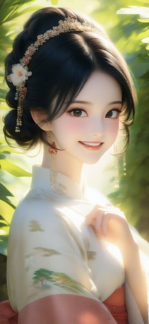 64K ultra-clear, ultra-high definition, ultra-high level, ultra-high quality, soft colors, true light and shadow, rich colors, 1 girl, black hair, Chinese girl, facing the audience, smiling, gorgeous Hanfu, ancient Chinese concubine's clothing, gorgeous headdress, half body, the background is a garden, delicate light and shadow, exquisite details, delicate brushwork and elegant composition, Depth of field blur.