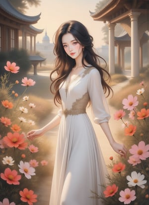 64K ultra-clear, ultra-high definition, ultra-high quality, soft colors, true light and shadow, rich colors, Korean transparent pastel, watercolor rendering, a 25-year-old woman standing in a picturesque garden, showing An ethereal beauty and elegance, the garden is filled with a wide variety of cosmos. Her long black hair wrapped her face into delicate waves, highlighting the outline of her facial features, with a sense of mystery. Wearing a long white dress, she looks elegant and graceful, exuding timeless charm. The woman has an air of cuteness and innocence that belies her age and also has a hint of intellectual charm. From the anatomically correct hands tenderly holding the flowers to the meticulous eyes reflecting the beauty of the world, every detail is rendered with exquisite precision. This watercolor captures the scene with unparalleled clarity and depth, imbuing every stroke with wonder and magic. The backdrop is a canvas filled with intricate details and vibrant colors, transporting the viewer into a realm where the ordinary becomes extraordinary. Gardens are sanctuaries of nature's beauty that attract people with their fragrant charm. A sense of peace and contentment emanates from the woman as she stands against such a cinematic backdrop, the evening light bathing everything in a soft golden glow, casting a captivating magic over the surroundings.