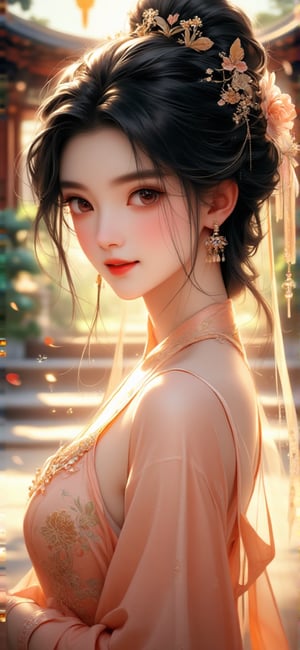 64K ultra-clear, ultra-high definition, ultra-high level, ultra-high quality, soft colors, true light and shadow, rich colors, 1 girl, black hair, Chinese girl, facing the audience, smiling, gorgeous Hanfu, ancient Chinese concubine's clothing, gorgeous headdress, half body, the background is a garden, delicate light and shadow, exquisite details, delicate brushwork and elegant composition, Depth of field blur.