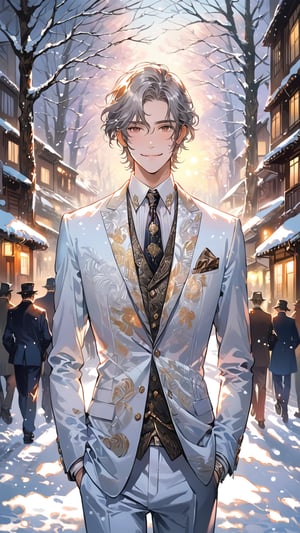 64K ultra-clear, ultra-high definition, ultra-high level, ultra-high quality, soft colors, true light and shadow, rich colors, Japanese photo animation, impressionist style, clear facial features, detailed appearance, handsome, 1 person, 18-year-old male, transparent watercolor, gold and silver powder rendering effect, white textured suit suit, seven figures, tilted perspective, smiling and enjoying the natural breeze, snow scene , delicate and beautiful, the early morning sunlight, the light and shadow are delicately shining on him, and the depth of field is blurred.