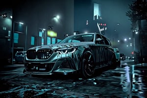 A high-resolution cinematic wallpaper featuring a sleek BMW M5 cs level performance car parked at center , dimly lit street in an urban night setting. The car is positioned at a slight angle, showcasing its aerodynamic shape and bold lines, with the iconic M logo prominently displayed on the grille and side panels. A single streetlight casts a dramatic glow, illuminating the car’s metallic surface, which reflects hints of neon signs from nearby buildings. The background recedes into shadowy layers of cityscape, with distant skyscrapers partially obscured by fog and a few faint lights peeking through. The ground shows reflections of the car’s headlights and surrounding lights, creating a layered, immersive depth effect. The atmosphere is dark, mysterious, and intense, with shadows and subtle highlights enhancing the car's contours and the gritty urban surroundings, pulling viewers into a captivating, high-speed world.
The entire scene has an eerie, three-dimensional effect, with the rain falling around him and reflections shimmering in puddles on the ground. Shadows and highlights bring out his sinister expression, accentuated by the haunting depth of the urban landscape. The atmosphere is tense and ominous, drawing viewers into a dark, chaotic world, evoking the raw, unrestrained energy of Gotham’s underworld.