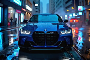 "A high-resolution cinematic wallpaper showcasing a sleek BMW M series sports car in vibrant color, parked in the center and a little top view in a dimly lit urban street at night. The car’s polished body is fully in focus, with lighting highlighting its distinct grille, iconic M series logo, and signature aerodynamic lines. Subtle neon lights from nearby buildings reflect off its glossy surface, adding depth and emphasizing the car's metallic blue finish. The headlights are illuminated, casting a soft, controlled glow onto the rain-slicked street, which mirrors the car’s details. The background is blurred slightly to keep full attention on the car, with hints of distant city buildings and fog enhancing the depth effect. The overall scene is dramatic and refined, capturing the car’s power and elegance with balanced, crisp lighting that brings every detail into sharp focus.,carbon