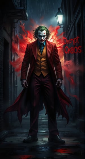 A full-body shot of the Joker standing in the rain under a flickering streetlight in a narrow Gotham alley. He looks slightly hunched, his crooked grin glowing in the dim light as the shadows sharpen his angular features. Crimson mist rises around him, with bold red letters, “Decrypt Chaos,” sprayed on the alley wall behind him.,ios wallpaper,with depth effect.