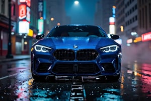 "A high-resolution cinematic wallpaper showcasing a sleek BMW M series sports car in vibrant blue, parked in the center of a dimly lit urban street at night. The car’s polished body is fully in focus, with lighting highlighting its distinct grille, iconic M series logo, and signature aerodynamic lines. Subtle neon lights from nearby buildings reflect off its glossy surface, adding depth and emphasizing the car's metallic blue finish. The headlights are illuminated, casting a soft, controlled glow onto the rain-slicked street, which mirrors the car’s details. The background is blurred slightly to keep full attention on the car, with hints of distant city buildings and fog enhancing the depth effect. The overall scene is dramatic and refined, capturing the car’s power and elegance with balanced, crisp lighting that brings every detail into sharp focus.