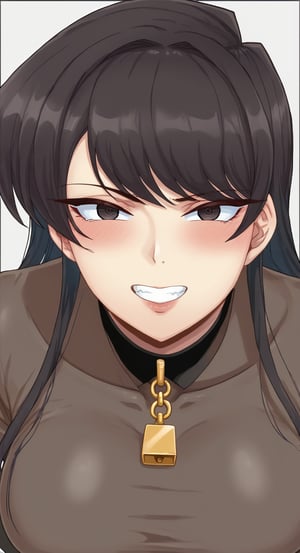 A dramatic anime-inspired illustration of Komi Shouko from the Plunder Hentai Style series. Framed in a tight shot, her piercing black eyes lock onto the viewer as she gazes upwards with a mischievous grin. Her long, raven-black hair cascades down her back, framing her face and flowing bangs. In the background, subtle hints of looting or plundering suggest a sense of chaos and adventure. The overall aesthetic is reminiscent of a high-stakes anime action scene.