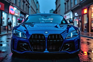 "A high-resolution cinematic wallpaper showcasing a sleek BMW M series sports car in vibrant color, parked in the center and a little top view in a dimly lit urban street at night. The car’s polished body is fully in focus, with lighting highlighting its distinct grille, iconic M series logo, and signature aerodynamic lines. Subtle neon lights from nearby buildings reflect off its glossy surface, adding depth and emphasizing the car's metallic blue finish. The headlights are illuminated, casting a soft, controlled glow onto the rain-slicked street, which mirrors the car’s details. The background is blurred slightly to keep full attention on the car, with hints of distant city buildings and fog enhancing the depth effect. The overall scene is dramatic and refined, capturing the car’s power and elegance with balanced, crisp lighting that brings every detail into sharp focus.,carbon