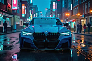 "A high-resolution cinematic wallpaper showcasing a sleek BMW M series sports car in vibrant color, parked in the center and a little top view in a dimly lit urban street at night. The car’s polished body is fully in focus, with lighting highlighting its distinct grille, iconic M series logo, and signature aerodynamic lines. Subtle neon lights from nearby buildings reflect off its glossy surface, adding depth and emphasizing the car's metallic blue finish. The headlights are illuminated, casting a soft, controlled glow onto the rain-slicked street, which mirrors the car’s details. The background is blurred slightly to keep full attention on the car, with hints of distant city buildings and fog enhancing the depth effect. The overall scene is dramatic and refined, capturing the car’s power and elegance with balanced, crisp lighting that brings every detail into sharp focus.,carbon