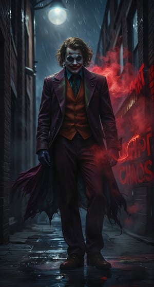 A full-body shot of the Joker standing in the rain under a flickering streetlight in a narrow Gotham alley. He looks slightly hunched, his crooked grin glowing in the dim light as the shadows sharpen his angular features. Crimson mist rises around him, with bold red letters, “Decrypt Chaos,” sprayed on the alley wall behind him.