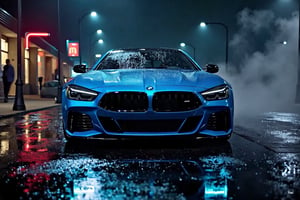 "A high-resolution cinematic wallpaper showcasing a sleek BMW M series sports car in vibrant blue, parked in the center of a dimly lit urban street at night. The car’s polished body is fully in focus, with lighting highlighting its distinct grille, iconic M series logo, and signature aerodynamic lines. Subtle neon lights from nearby buildings reflect off its glossy surface, adding depth and emphasizing the car's metallic blue finish. The headlights are illuminated, casting a soft, controlled glow onto the rain-slicked street, which mirrors the car’s details. The background is blurred slightly to keep full attention on the car, with hints of distant city buildings and fog enhancing the depth effect. The overall scene is dramatic and refined, capturing the car’s power and elegance with balanced, crisp lighting that brings every detail into sharp focus.