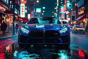 "A high-resolution cinematic wallpaper showcasing a sleek BMW M series sports car in vibrant color, parked in the center and a little top view in a dimly lit urban street at night. The car’s polished body is fully in focus, with lighting highlighting its distinct grille, iconic M series logo, and signature aerodynamic lines. Subtle neon lights from nearby buildings reflect off its glossy surface, adding depth and emphasizing the car's metallic blue finish. The headlights are illuminated, casting a soft, controlled glow onto the rain-slicked street, which mirrors the car’s details. The background is blurred slightly to keep full attention on the car, with hints of distant city buildings and fog enhancing the depth effect. The overall scene is dramatic and refined, capturing the car’s power and elegance with balanced, crisp lighting that brings every detail into sharp focus.,carbon