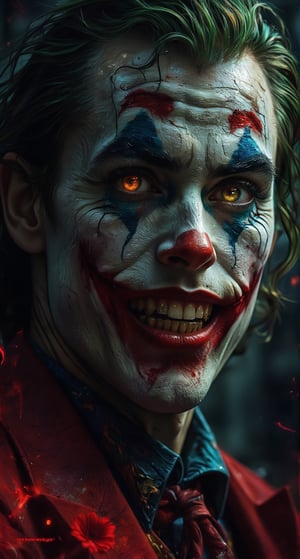 A haunting full-body shot of the Joker's twisted grin, seething with maniacal intensity against a dark and gritty urban backdrop. The camera captures every detail of his pale face, eyes glowing ,warped into a grotesque grimace, with yellow and crooked teeth. By ZloyOrk style. Abstract Lighting. His sharp, angular features seem to defy the dim lighting, which highlights his otherworldly presence amidst the crimson glow of Gotham City's night sky. The Red letters text, Do You Know Code? adds an air of mocking sarcasm to this eerie scene, as if the Joker is daring the viewer to take a peek into his twisted world. 