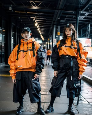 handsome male and gorgeous female posing together,big muscle,outfits,neon light,cityscape  urban techwear,orange,,risa_s_lisa