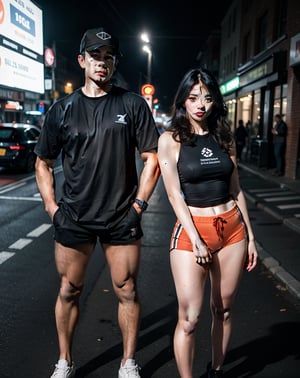 handsome male and gorgeous female posing together,big muscle,outfits,neon light,cityscape  urban techwear,orange,,risa_s_lisa