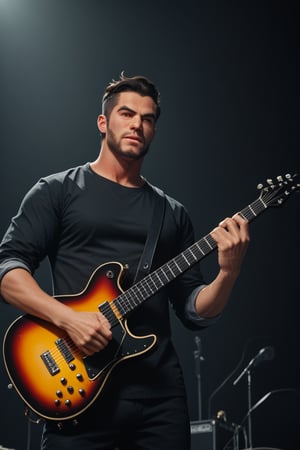 a handsome man with black hair, short beard stubble, wearing a black shirt rooftops in background, dynamic perspective, holding a flaming guitar,Rolled Up Sleeves