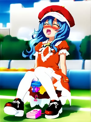 Yoshino. In the park. Secretly playing with a vibrator. Putting the vibrator into her pussy. Wearing a dress. White knee-high socks. Orgasm.