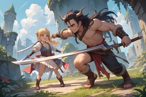 Prompt: score_9, score_8_up, score_7_up, BREAK, girl, loli, fantasy, long hair, girl is trying to lift a big sword, girl fights monsters with a big sword, 