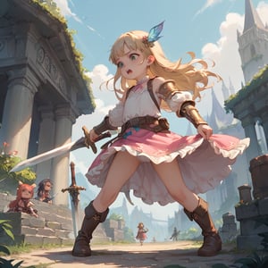 Prompt: score_9, score_8_up, score_7_up, BREAK, girl, loli, fantasy, long hair, girl is trying to lift a big sword, girl fights monsters with a big sword,