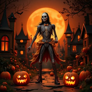 ((full body shot)), (((jack-o-lantern))), ((pumpkins)), (((old crooked houses))), kids love to trick-or-treat, Beetlejuice style, funny, happy, joyful, loving, (A perfect text title, says, "Trick or Treat", in orange text),Highly detailed Halloween style figure,Halloween_Figure,perfect text title,text title style