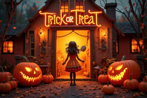 ((full body shot)), (((jack-o-lantern))), ((pumpkins)), (((old crooked houses))), at the doors love to trick-or-treat, funny, happy, joyful, loving, (((perfect text title, "Trick or Treat", in orange text))),Highly detailed Halloween style figure,Halloween_Figure,perfect text title,text title style