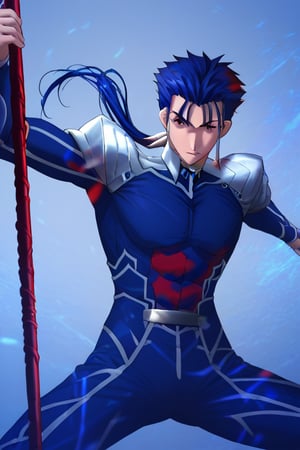 cachic,lancer_fsn, blue hair, red eyes, holding polearm, holding weapon