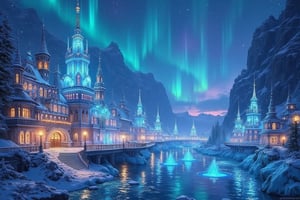 Ice city of the North panorama, Aurora Borealis, filigree otherwordly architecture, bright lights, smudge, splash, stain, watercolor, alphonse mucha, rococo, iridescent, whimsical, hd fine art, concept art, fantasy art, unreal engine, colorful, intricate, elaborate, volumetric lighting, 8K, ultra hd, realistic, vivid colors, highly detailed, UHD drawing, pen and ink, perfect composition, beautiful detailed intricate insanely detailed octane render trending on artstation, 8k artistic photography, photorealistic concept art, soft natural volumetric cinematic perfect light, perfect composition, beautiful detailed intricate insanely detailed octane render trending on artstation, 8 k artistic photography, photorealistic concept art, soft natural volumetric cinematic perfect light
