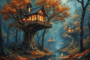 Forest settlement with tree houses atop the large autumn oaks, filigree otherwordly architecture, bright lights, smudge, splash, stain, watercolor, alphonse mucha, rococo, iridescent, whimsical, hd fine art, concept art, fantasy art, unreal engine, colorful, intricate, elaborate, volumetric lighting, 8K, ultra hd, realistic, vivid colors, highly detailed, UHD drawing, pen and ink, perfect composition, beautiful detailed intricate insanely detailed octane render trending on artstation, 8k artistic photography, photorealistic concept art, soft natural volumetric cinematic perfect light, perfect composition, beautiful detailed intricate insanely detailed octane render trending on artstation, 8 k artistic photography, photorealistic concept art, soft natural volumetric cinematic perfect light
