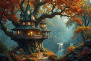 Forest settlement with tree houses atop the large autumn oaks, filigree otherwordly architecture, bright lights, smudge, splash, stain, watercolor, alphonse mucha, rococo, iridescent, whimsical, hd fine art, concept art, fantasy art, unreal engine, colorful, intricate, elaborate, volumetric lighting, 8K, ultra hd, realistic, vivid colors, highly detailed, UHD drawing, pen and ink, perfect composition, beautiful detailed intricate insanely detailed octane render trending on artstation, 8k artistic photography, photorealistic concept art, soft natural volumetric cinematic perfect light, perfect composition, beautiful detailed intricate insanely detailed octane render trending on artstation, 8 k artistic photography, photorealistic concept art, soft natural volumetric cinematic perfect light
