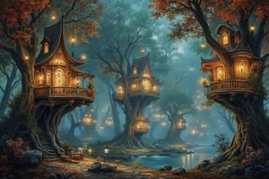 Forest settlement with tree houses atop the large autumn oaks, filigree otherwordly architecture, bright lights, smudge, splash, stain, watercolor, alphonse mucha, rococo, iridescent, whimsical, hd fine art, concept art, fantasy art, unreal engine, colorful, intricate, elaborate, volumetric lighting, 8K, ultra hd, realistic, vivid colors, highly detailed, UHD drawing, pen and ink, perfect composition, beautiful detailed intricate insanely detailed octane render trending on artstation, 8k artistic photography, photorealistic concept art, soft natural volumetric cinematic perfect light, perfect composition, beautiful detailed intricate insanely detailed octane render trending on artstation, 8 k artistic photography, photorealistic concept art, soft natural volumetric cinematic perfect light
