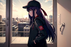 masterpiece, best quality,indoor,1girl,purple hair,long hair,black hat, hand in pocket,hood,black jacket ,open jacket,from side