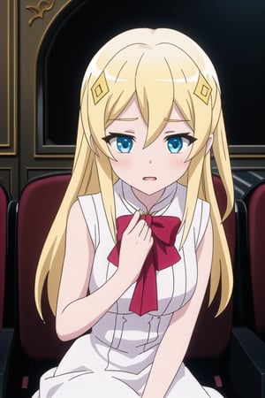 Masterpiece. UHD, 8K, anime style, Hildegard sitting inside a dark movie theater, her elegant dress flowing beneath her as she relaxes in her seat. The dim light from the movie screen reflects on her clean white skin and her long blonde hair tied with the indigo bow. She holds a drink in one hand and is leaning slightly forward with a focused expression on her face. Her blue eyes are fixed on the screen, and the soft glow of the film casts a gentle light on her. The quiet atmosphere of the theater contrasts with her regal presence.