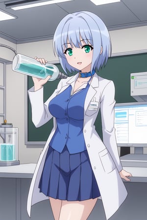 Linze, the anime girl with short, silver-blue hair and emerald green eyes, is working in the school science lab. She is wearing a white lab coat over her school uniform: a white blouse with a navy blue collar and a navy blue pleated skirt. Linze is carefully conducting an experiment at a lab bench, surrounded by scientific equipment and glassware. Her expression is focused and curious, and the lab has bright fluorescent lighting.
