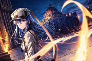 esdeath, icemagic, spell, coliseum, light details, high_resolution, masterpiece, >:), night, hat