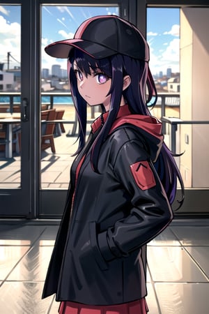 masterpiece, best quality,indoor,1girl,purple hair,long hair,black hat, hand in pocket,hood,black jacket ,open jacket,from side