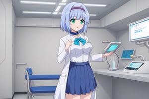 Linze, the anime girl with short, silver-blue hair and emerald green eyes, is working in the school science lab. She is wearing a white lab coat over her school uniform: a white blouse with a navy blue collar and a navy blue pleated skirt. Linze is carefully conducting an experiment at a lab bench, surrounded by scientific equipment and glassware. Her expression is focused and curious, and the lab has bright fluorescent lighting.
