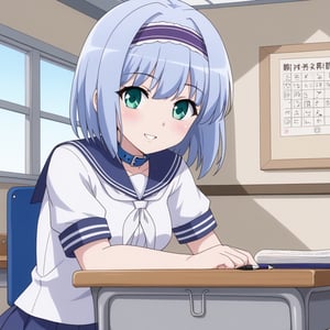 Linze, the anime girl with short, silver-blue hair and emerald green eyes, is sitting at her desk in a Japanese classroom. She is wearing a traditional school uniform consisting of a white blouse with a navy blue collar and a pleated navy blue skirt. Her hair is neatly styled with a small white ribbon. Linze is focused on her textbook, taking notes with a pen, her expression thoughtful and attentive. The classroom is decorated with educational posters, and the sunlight filters through large windows.