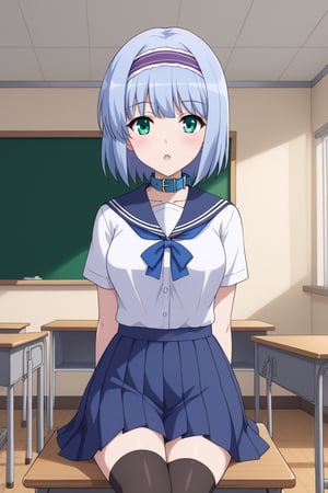 Linze, the anime girl with short, silver-blue hair and emerald green eyes, is sitting at her desk in a Japanese classroom. She is wearing a traditional school uniform consisting of a white blouse with a navy blue collar and a pleated navy blue skirt. Her hair is neatly styled with a small white ribbon. Linze is focused on her textbook, taking notes with a pen, her expression thoughtful and attentive. The classroom is decorated with educational posters, and the sunlight filters through large windows.