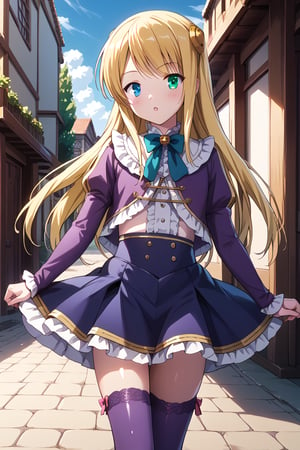 score_9, score_8_up, score_7_up, score_6_up,  rating_explicit, source_anime,  cute and sensitive, shiny skin,  characters focus, detailed eyes, detailed skins, cowboy shot,   yumina, blonde hair, long hair, heterochromia, blue eyes, green eyes, hair ornament, yuminadress,bowtie, shirt, long sleeves,center frills,purple skirt, frilled skirt,thighhighs,purple legwear,1girl, dynamic pose, outdoors,