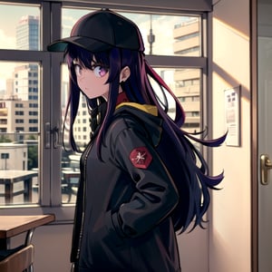 masterpiece, best quality,indoor,1girl,purple hair,long hair,black hat, hand in pocket,hood,black jacket ,open jacket,from side