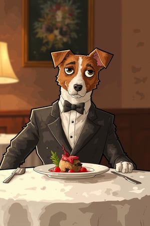 Create a 2D, cel-shaded image of a dog sitting elegantly at a fancy restaurant. The dog is dressed in a small, tailored suit, enjoying a gourmet meal on a pristine white tablecloth. The lighting is soft and warm, highlighting the fine china and silverware. The composition focuses on the dog's attentive pose, with a backdrop of a cozy, well-lit dining room.