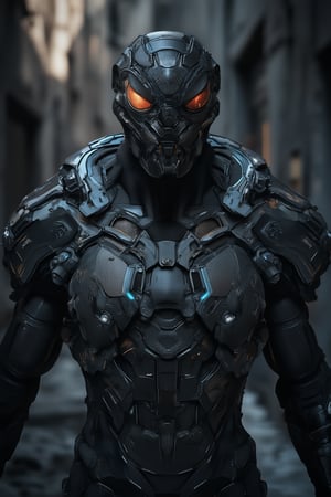 Close-up shot of Venom's scowling face as he dons an armored suit, its dark metal plates glistening in the dimly lit alleyway. The suit's mecha wing, a mechanical appendage with razor-sharp claws and glowing blue circuits, unfolds from his back, casting long shadows across the concrete walls. Venom's pose is defiant, one hand grasping the wing's edge as he surveys his surroundings, his red eyes gleaming with malevolent intent.